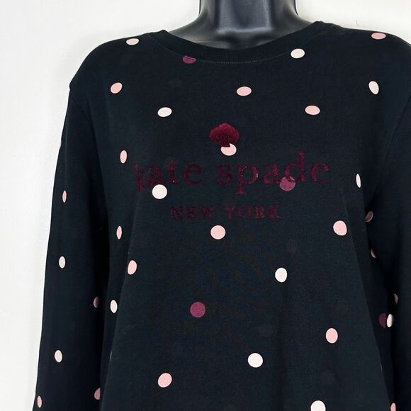 Kate Spade Bakery Cotton Sweatshirt Sz S Black Pink Polka Dot Crew Neck Pullover - Picture 9 of 11
